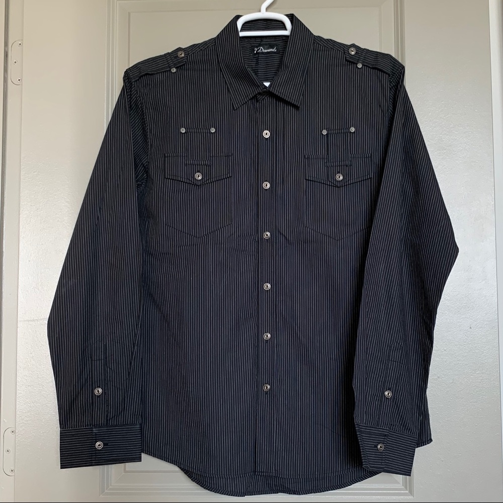 7 Diamonds White Stripes Black Cotton Button Up XL